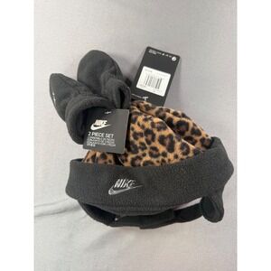 NWT Nike Infant Beanie + Mittens  Black Leopard Print Fleece 1A2951-023